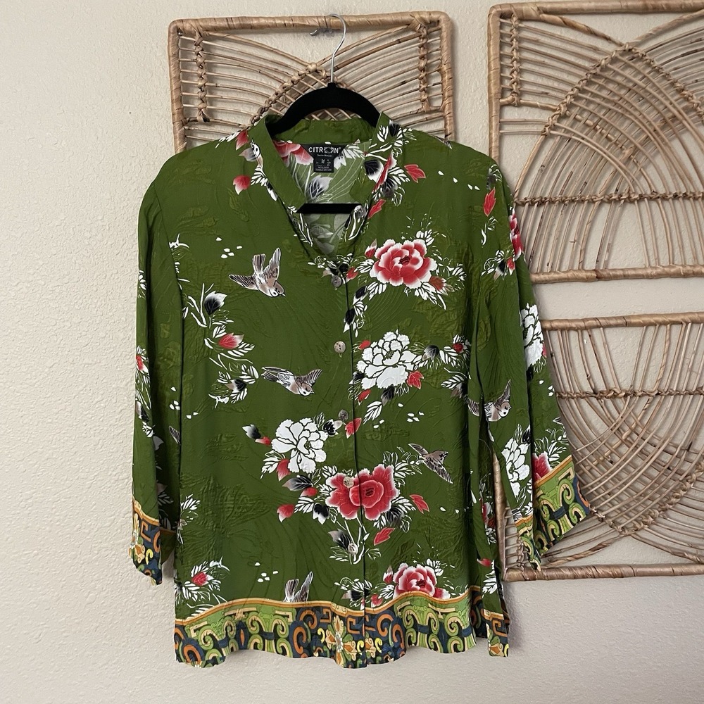 Citron Santa Monica Silk Top Blouse Floral Asian Artsy Butterfly Women's Sz M B3